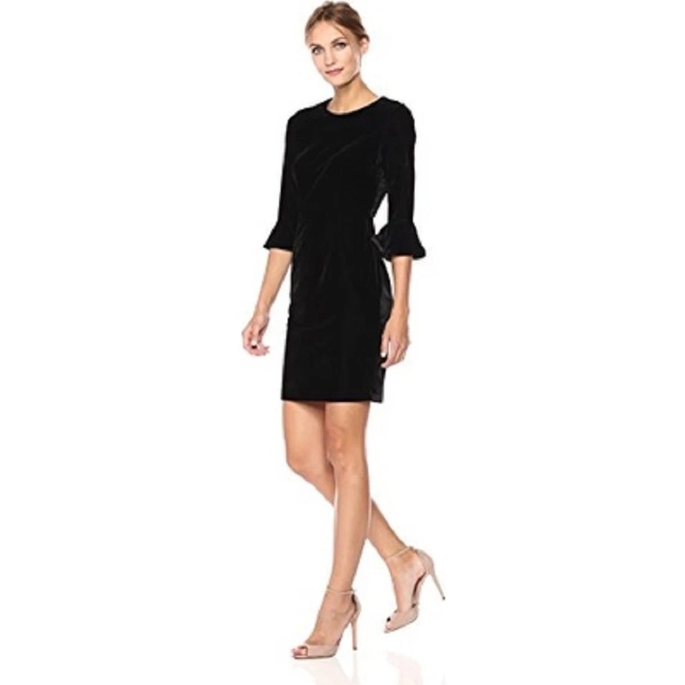 Donna Morgan Velvet Round Neck 3/4 Bell Sleeve Shift Mini Dress Black Women 2